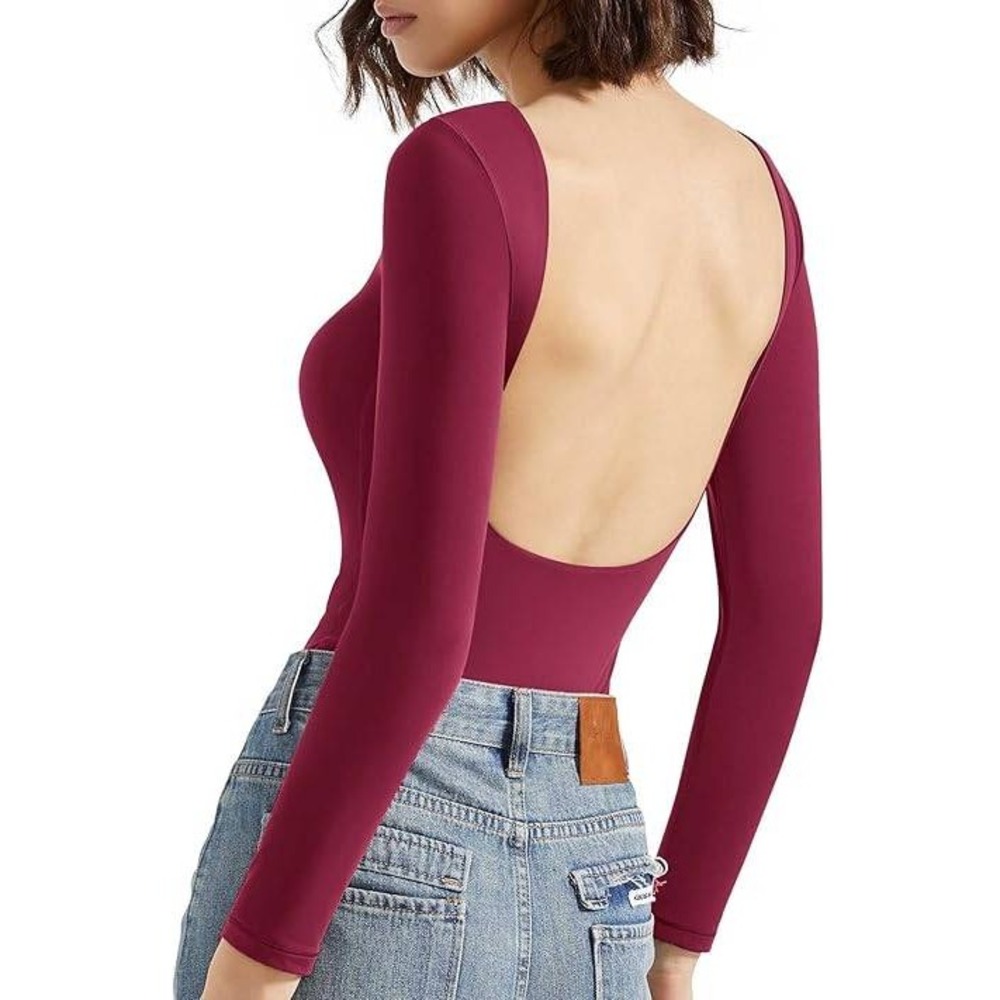 MSRP $38 SUUKSESS Women's XS Maroon Backless Y2k Long Sleeve Bodysuit Double